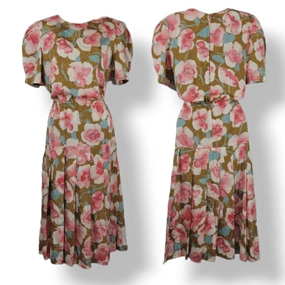 Vintage 70's Drop Waist Pleated Satiny Floral Dress Size Small - Picture 1 of 10